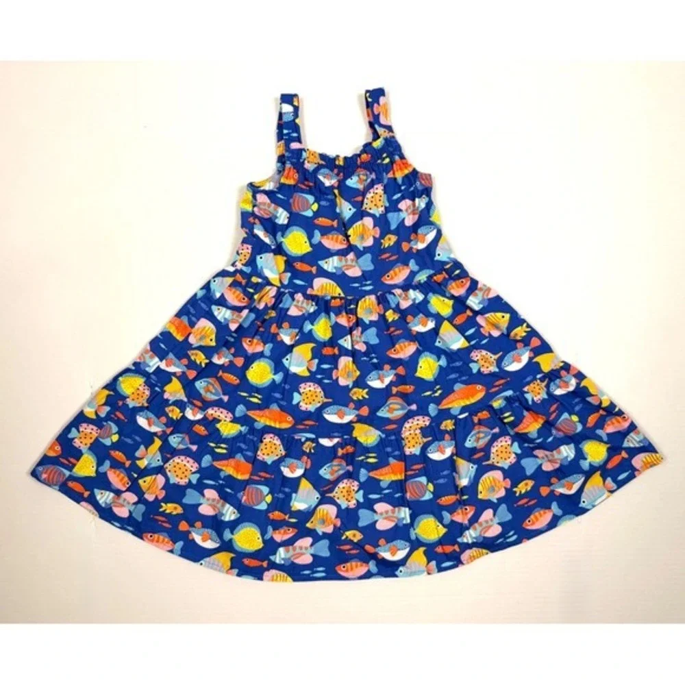 Gymboree Dress Tropical Fish Cotton 5T Blue Tiered Summer Sun‎ Dress Sleeveless